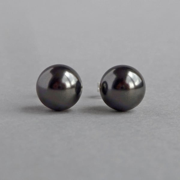 8mm Black Pearl Stud Earrings - Simple, Round, Dark Grey Glass Pearl Studs