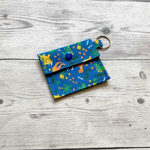 Dinosaurs round tin lip balm blue fabric keyring, keychain. Lipstick holder.