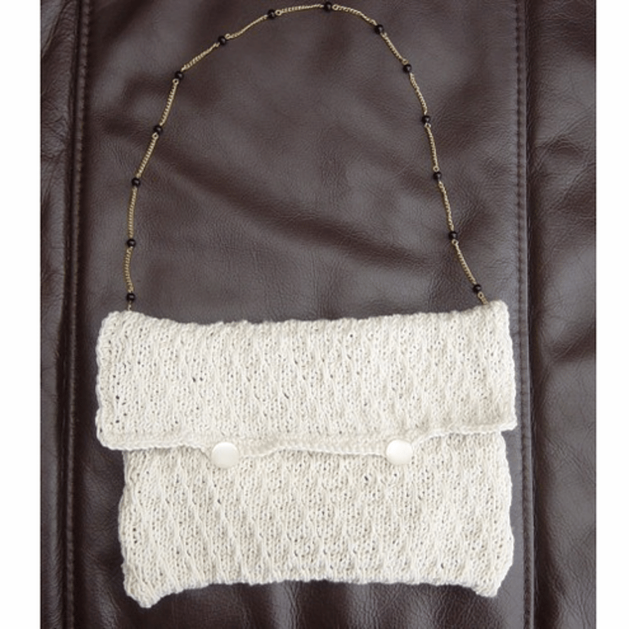 Burgundy Cream, Hand knitted & Crocheted Handbag with goldtone chain