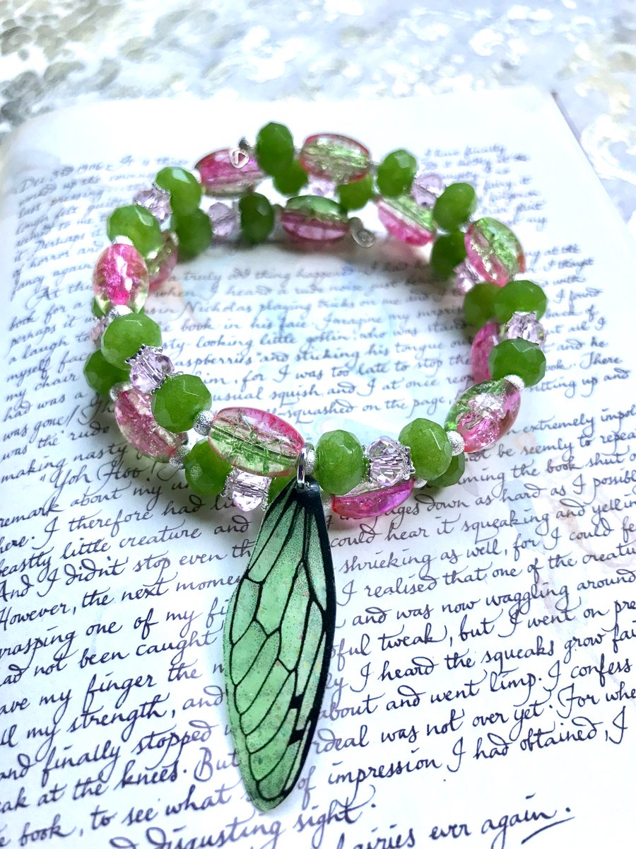 Green and Pink Fairy Wing Bracelet
