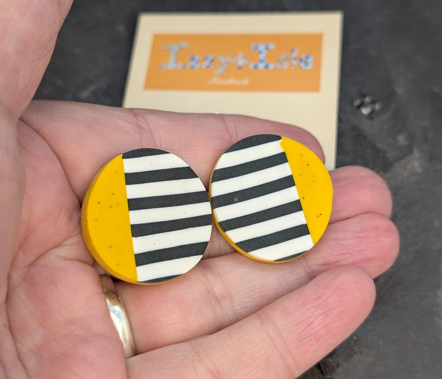Modern mustard and stripe polymer clay stud earrings