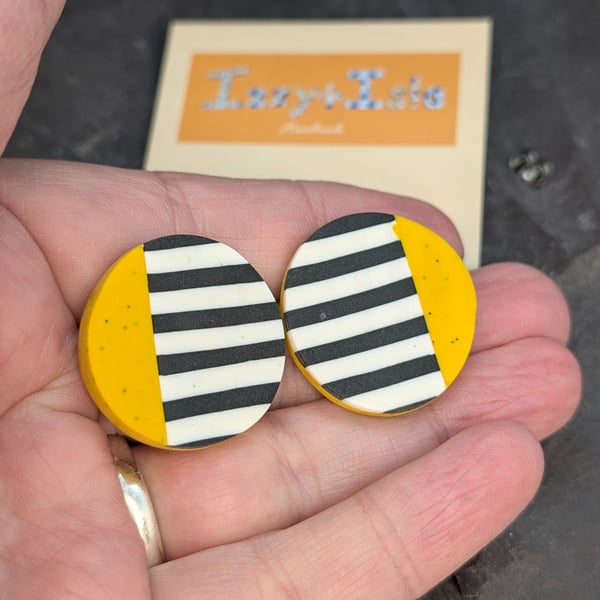 Modern mustard and stripe polymer clay stud earrings