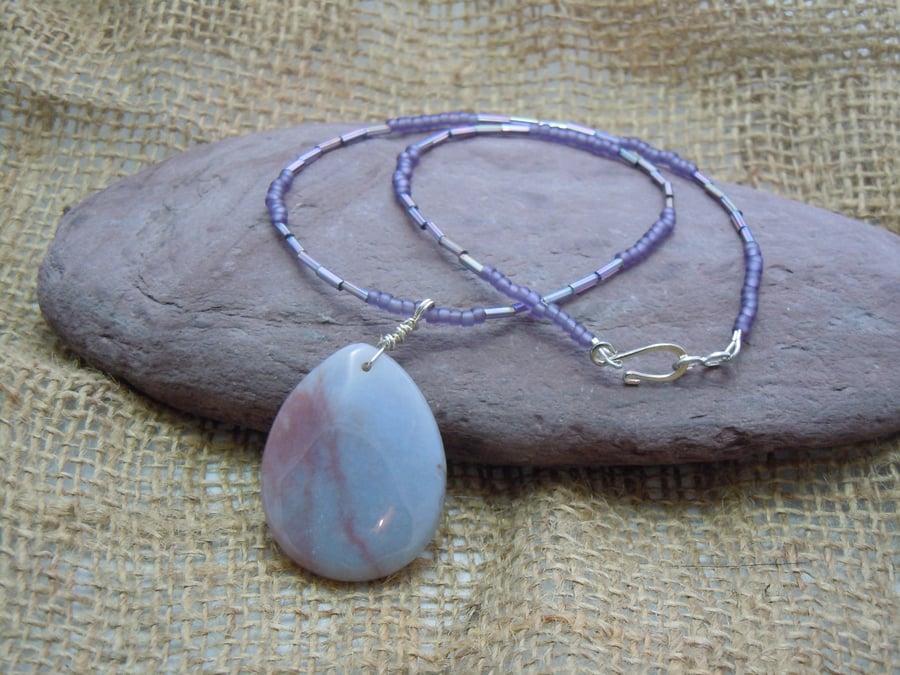 Pendant with lavender & pink oval Jasper bead with glass seed & bugle beads 