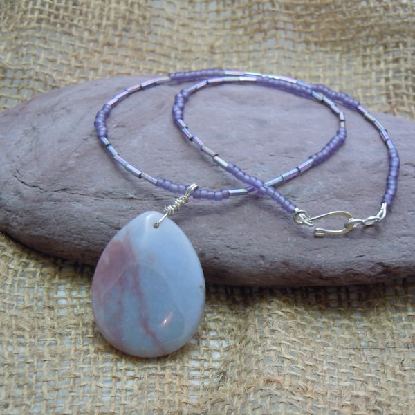 Pendant with lavender & pink oval Jasper bead with glass seed & bugle beads 