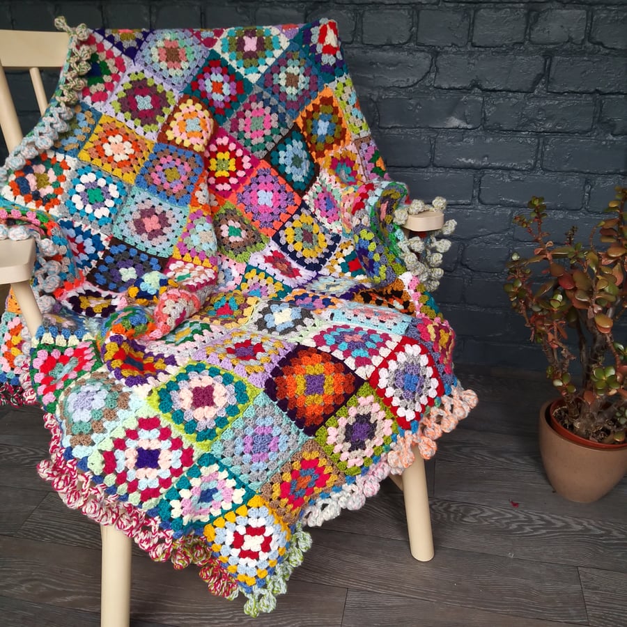 Crochet Blanket 'Happy Scrappy' Granny Square Blanket Throw 
