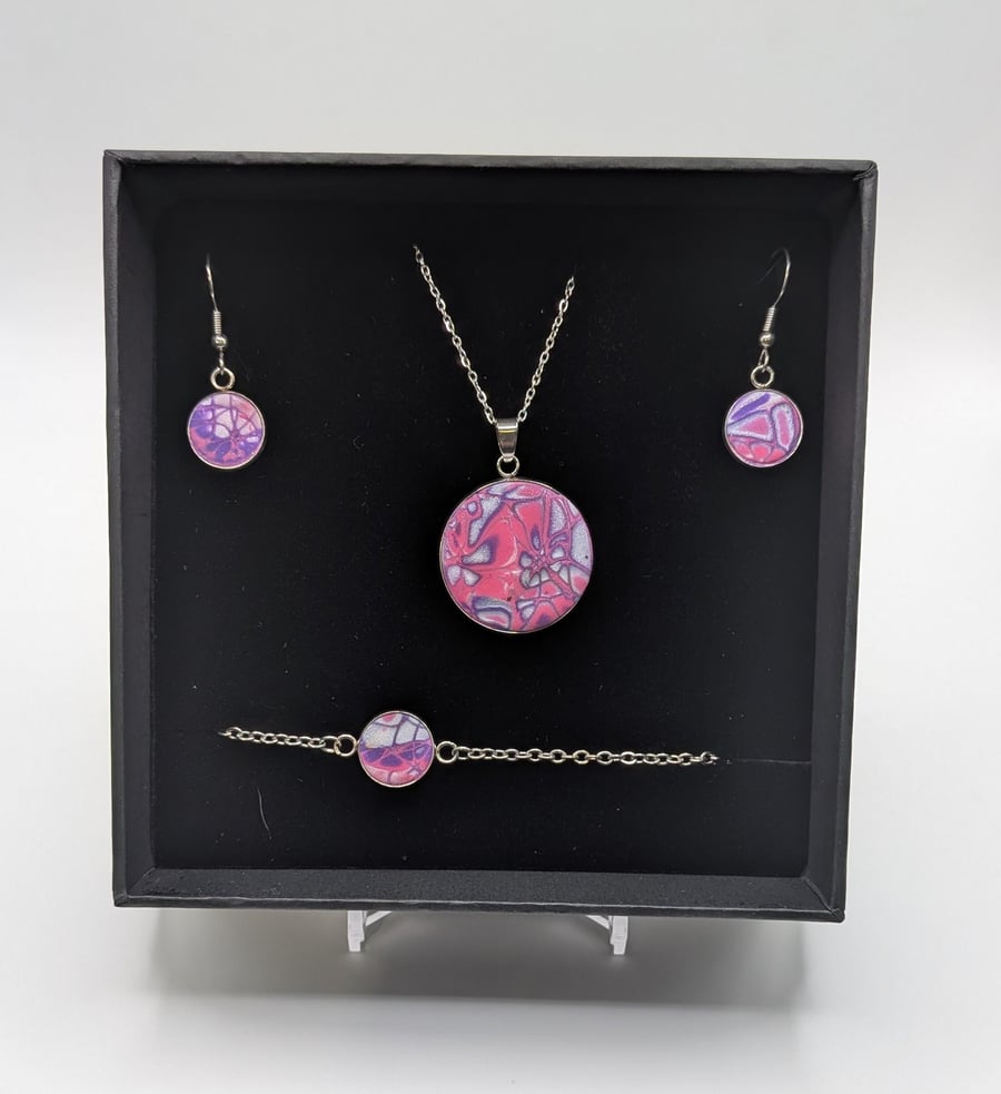 Pink and purple and silver Jewelry Set Handmade Polymer Clay Necklace, Earrings,