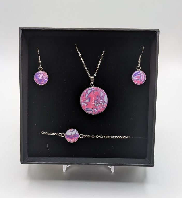 Pink and purple and silver Jewelry Set Handmade Polymer Clay Necklace, Earrings,