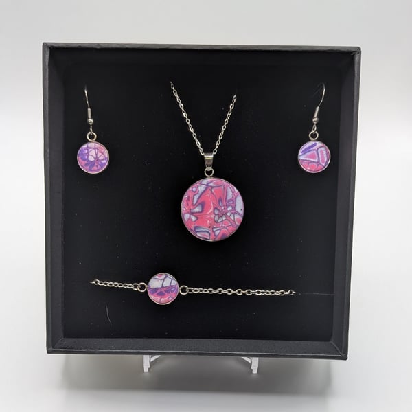 Pink and purple and silver Jewelry Set Handmade Polymer Clay Necklace, Earrings,