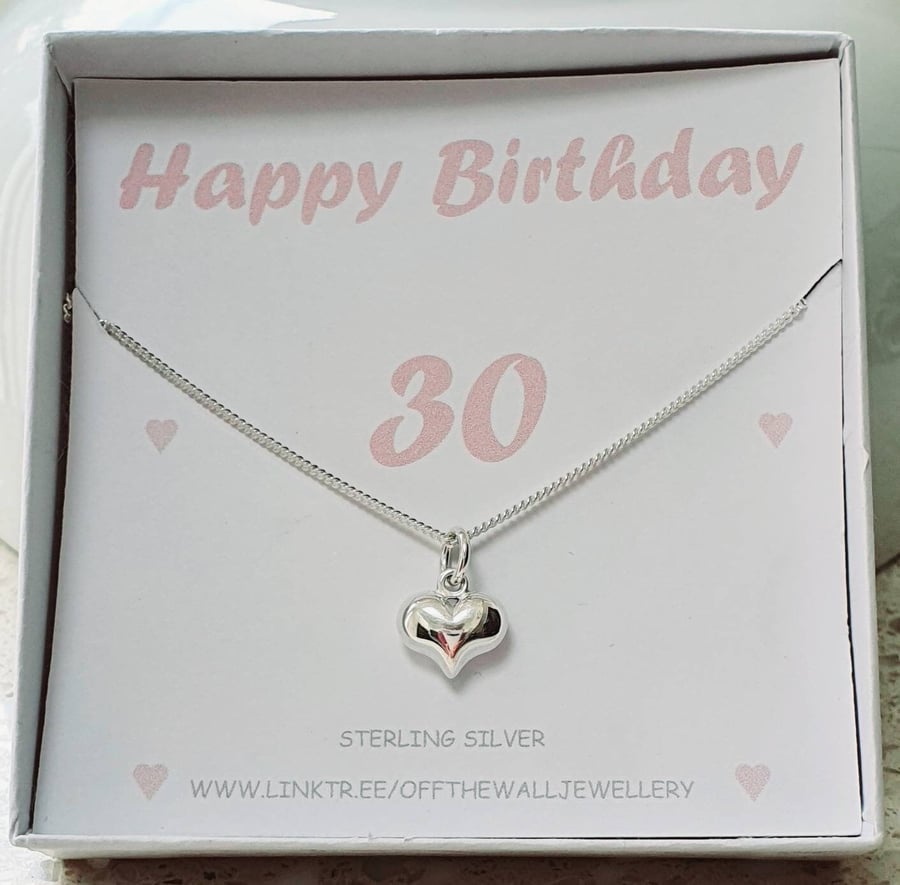 30th birthday gift. Silver necklace boxed. Sterling silver puffed heart pendant 