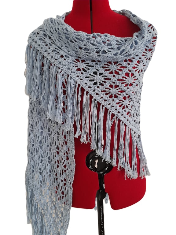 Boho Crochet Shawl, Light Blue Floral Lace Wrap, Large Shawl with Tassels,