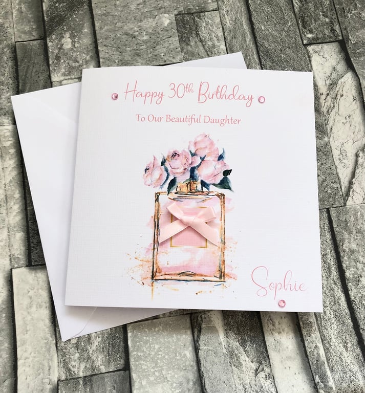 Personalised Birthday Card Pretty Pink Floral Perfume Woman's Happy Birthday