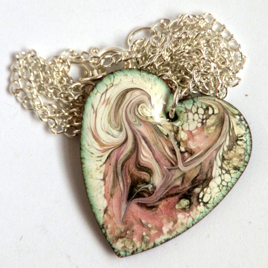 pink and black scrolled over white - heart pendant