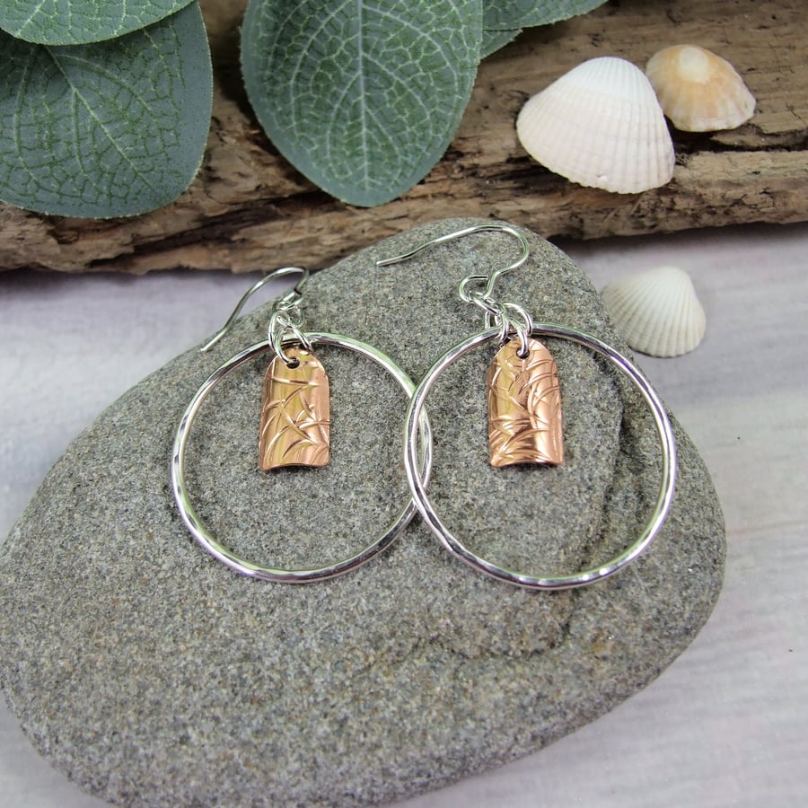 Earrings, Sterling Silver Hoops with Copper Droppers