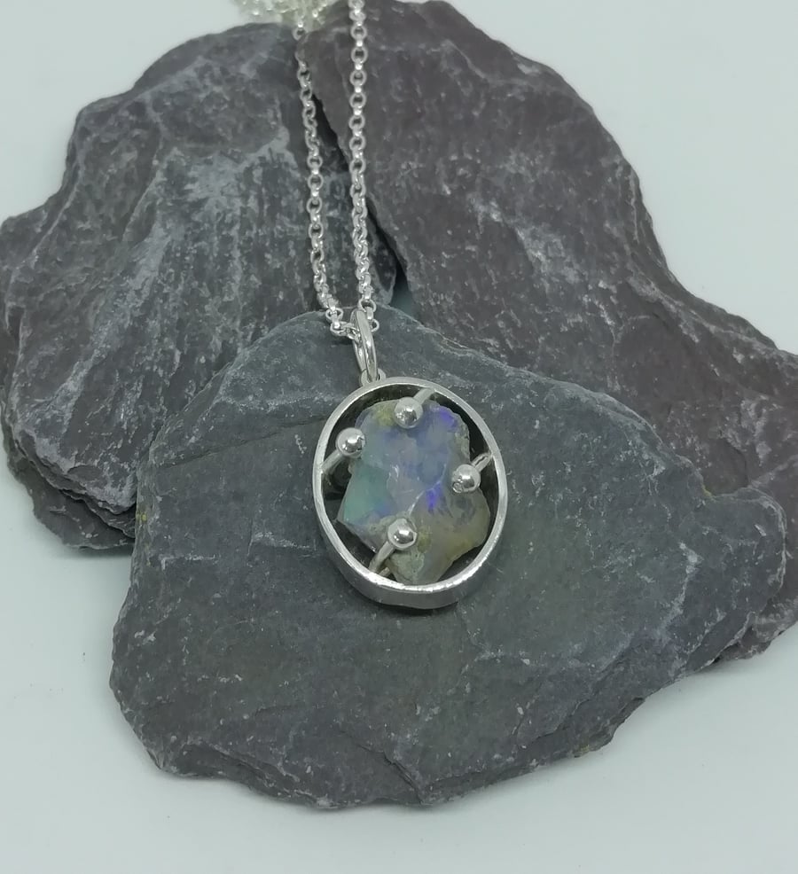 Blue Raw Opal and Silver Necklace