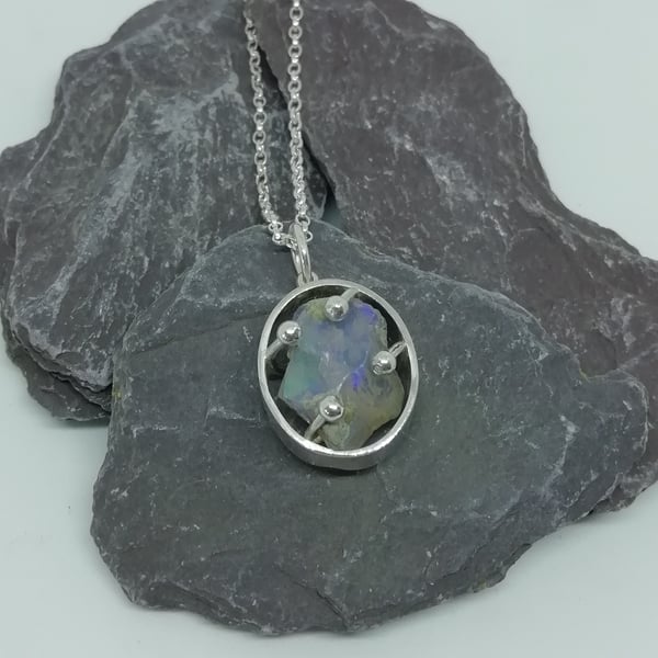 Blue Raw Opal and Silver Necklace