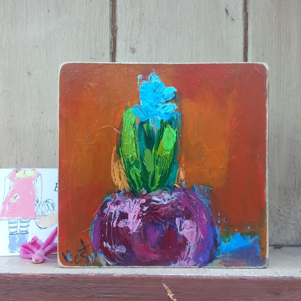 Hyacinth painting on wood. Blue