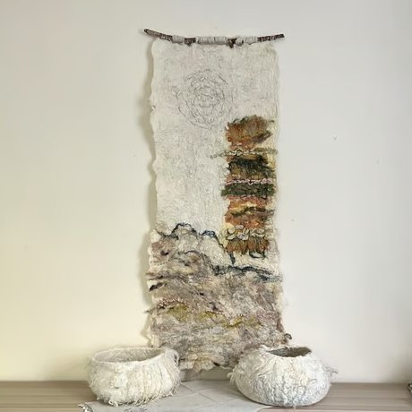 Landscape with a green blanket Art felt natural wool sensory wall hanging 