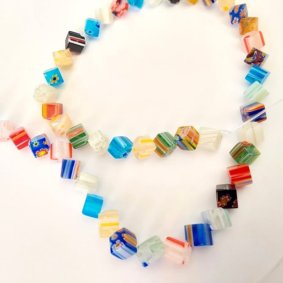15" Strand Millefiori Style Murano Glass Beads Diagonal Cubes 6mm Flower Pattern
