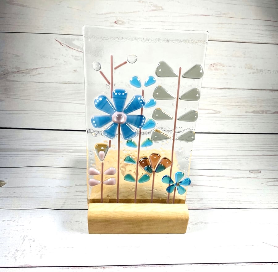 Fused  glass art - retro panel with wood base for candle