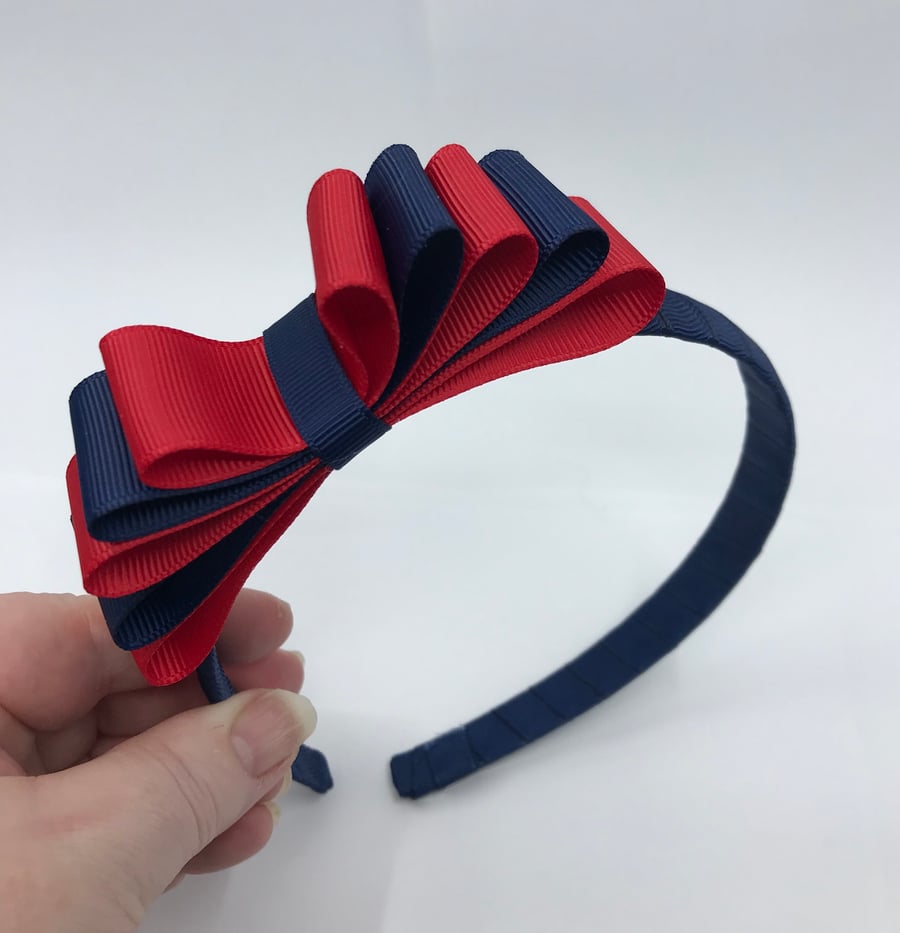 Navy Hairband with 5 Layer Navy and Red Two-tone Straight Bow