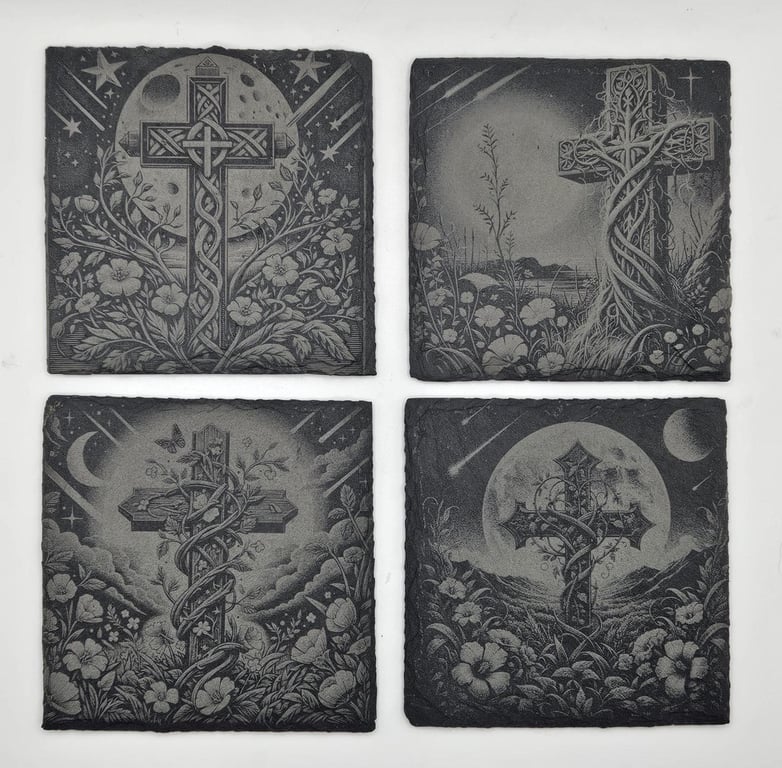 Celtic Cross Slate Coasters Set of 4, Celestial Moon & Stars, Cosmic Gothic Home