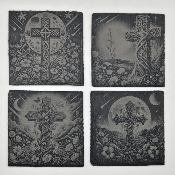 Celtic Cross Slate Coasters Set of 4, Celestial Moon & Stars, Cosmic Gothic Home