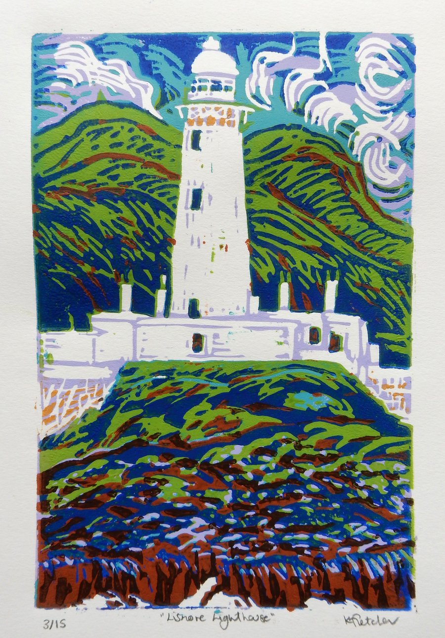 Lismore Lighthouse Scotland Original Limited Edition Reduction Linocut Print