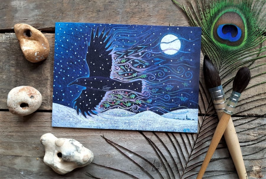 Yule Crow Greetings Card by Hannah Willow 