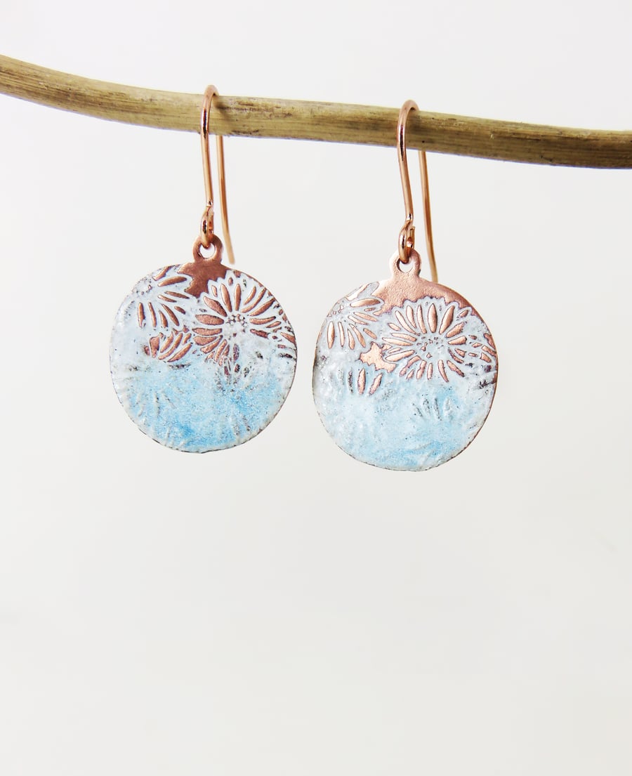 Enamel and Textured Copper Dangle Earrings