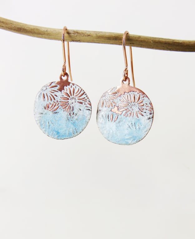 Enamel and Textured Copper Dangle Earrings