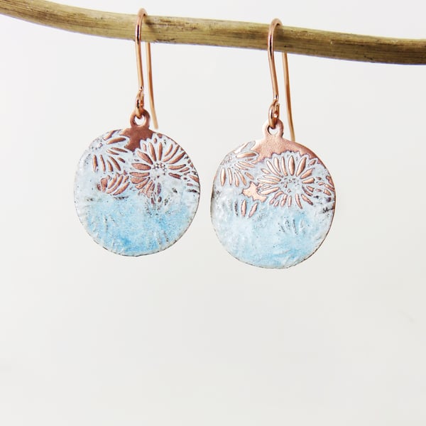 Enamel and Textured Copper Dangle Earrings