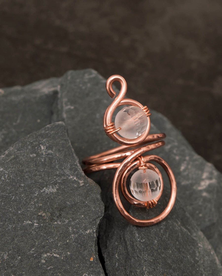 Double Quartz copper ring ,Statement Copper ring ,hammered and textured copper 