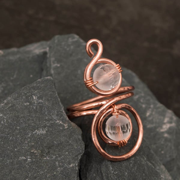 Double Quartz copper ring ,Statement Copper ring ,hammered and textured copper 