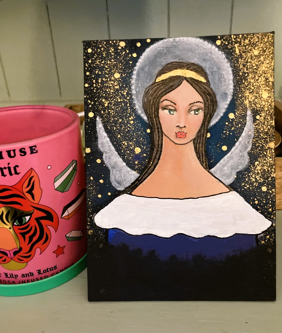 Star Dust  Angel Original Folk Art Angel Painting On Canvas Board 