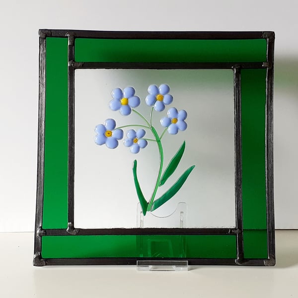 Leaded stained glass panel, with fused glass forget-me-not flower design