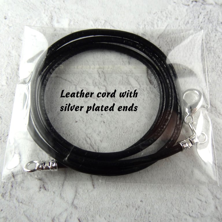2mm thick, black leather cord necklace with silver plated lobster clasp