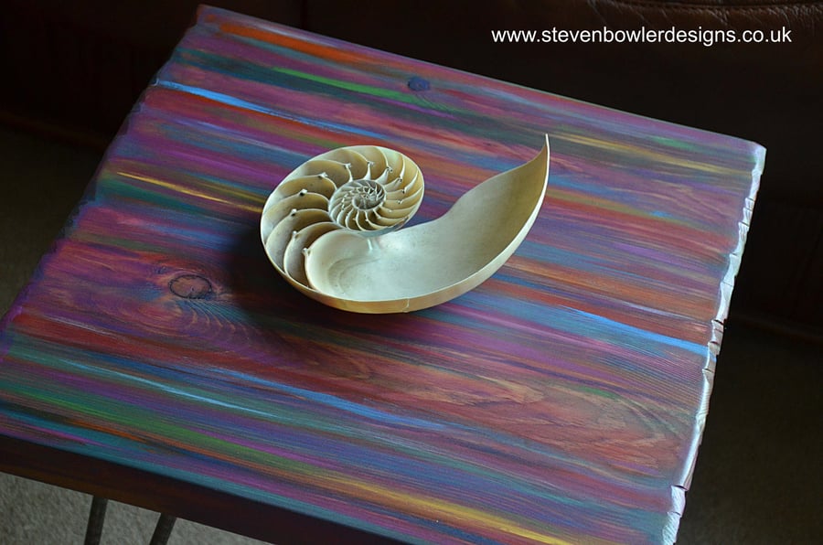 Square Coastal Cottage Side Table Hand Painted Unique Candy Stripe Colours