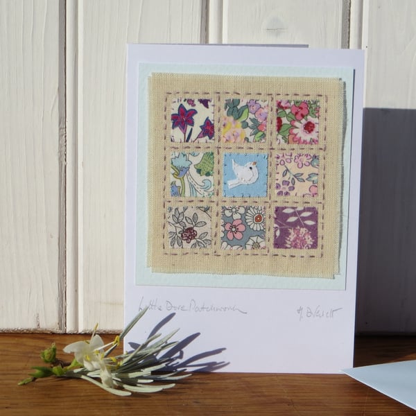 Little Dove Patchwork, sweet little hand-stitched card with Liberty Cottons