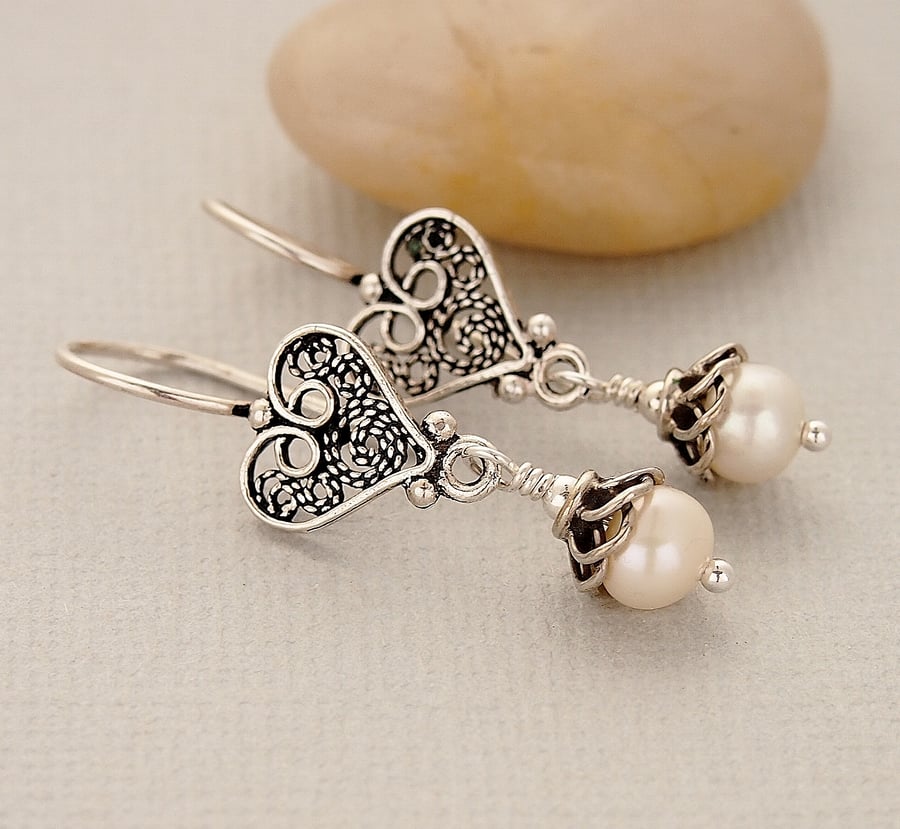 Pearl Earrings - Oxidised Filigree Sterling Silver - Delicate Vintage Style