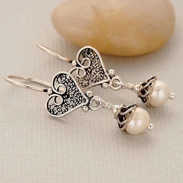 Pearl Earrings - Oxidised Filigree Sterling Silver - Delicate Vintage Style