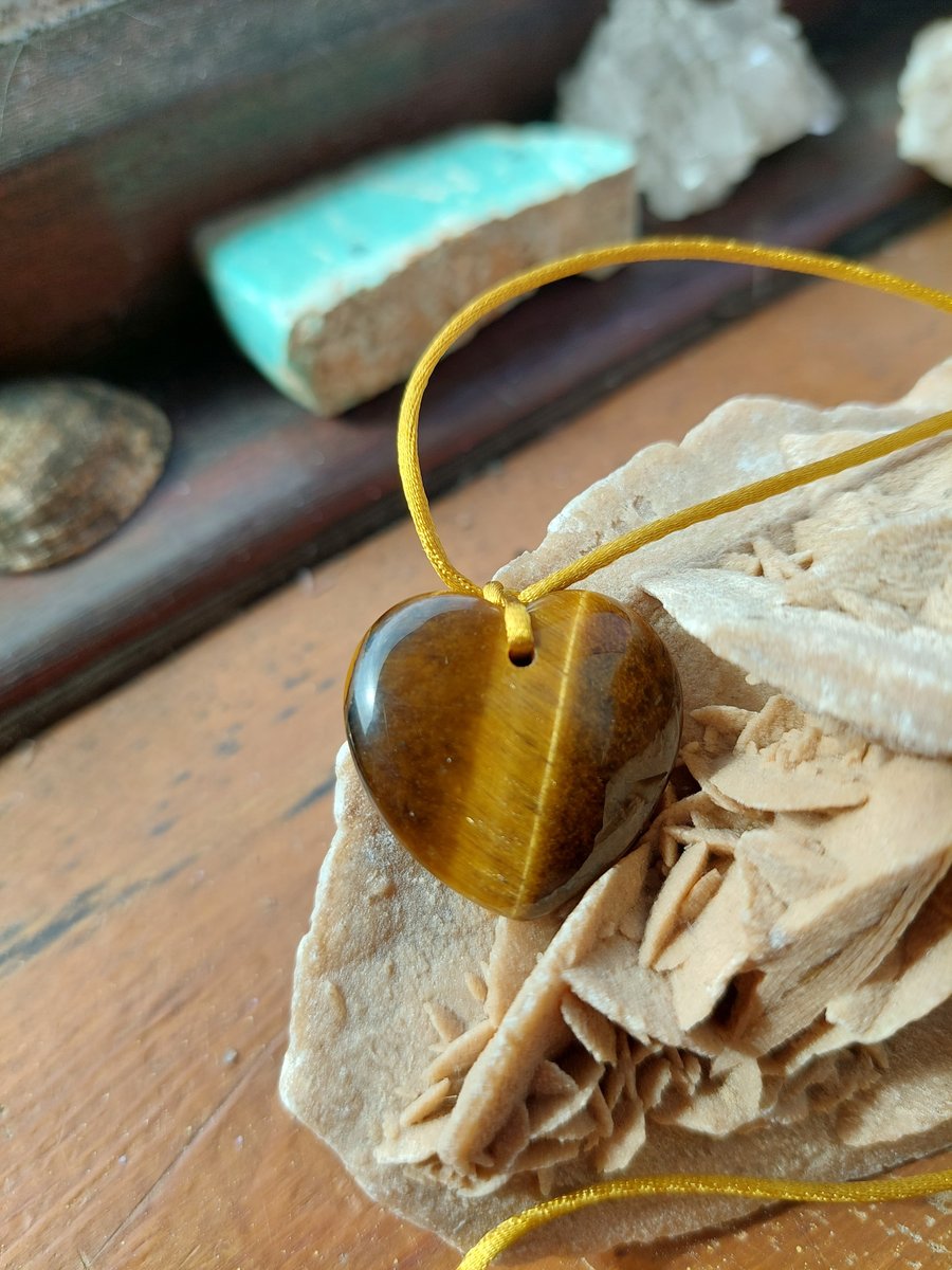 Brown Tigers Eye Heart on Satin Cord Boho Necklace