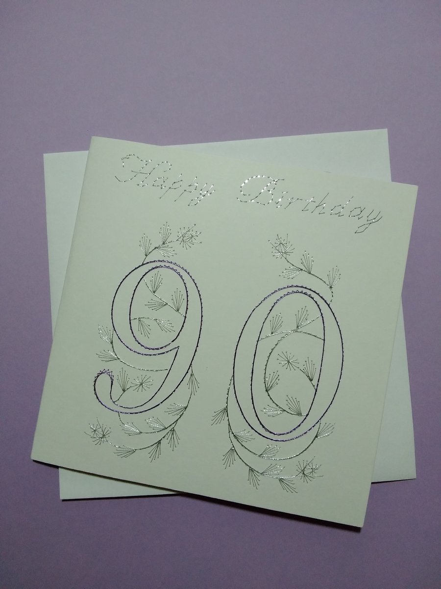 Hand Embroidered 90th Birthday Card.