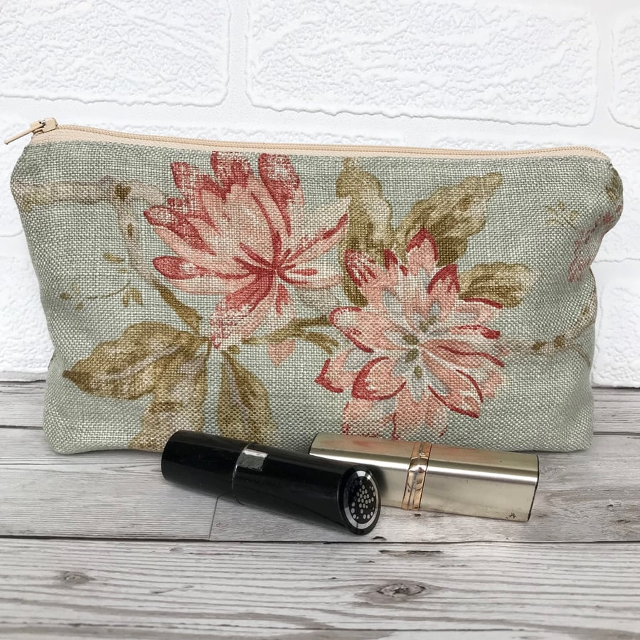 Cosmetic bag, make up bag in pale green with pink floral print