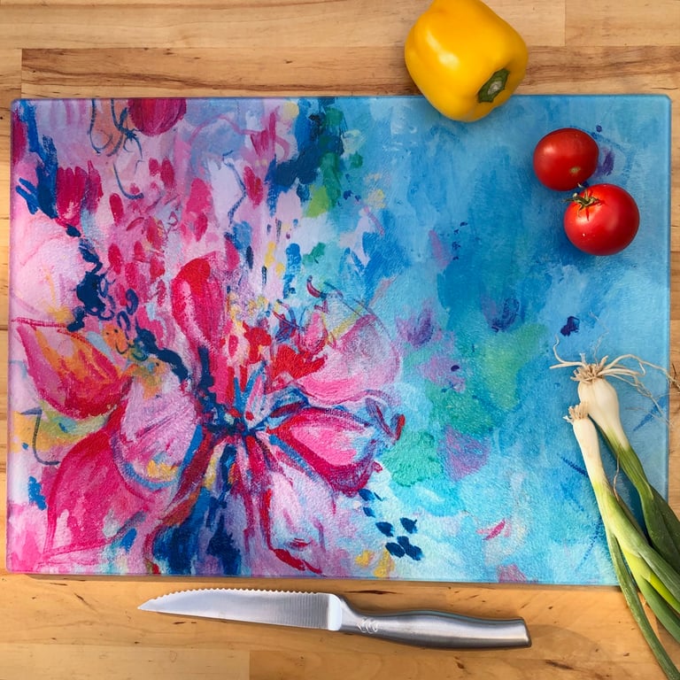 Abstract Floral Glass Chopping Board, Vibrant Circular or Rectangular Design