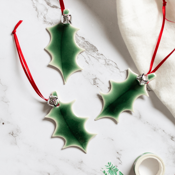 Ceramic Xmas Decoration Holly Leaf with bell