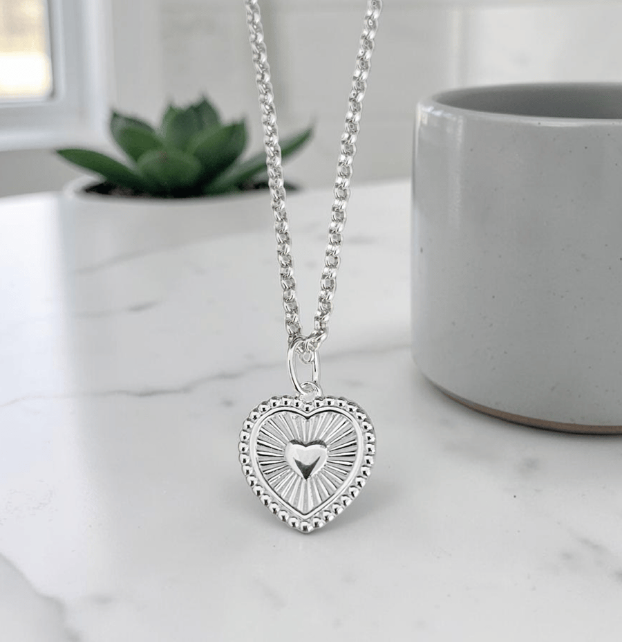 Sterling Silver Heart Pendant Necklace Heart Rays Charm Necklace 925