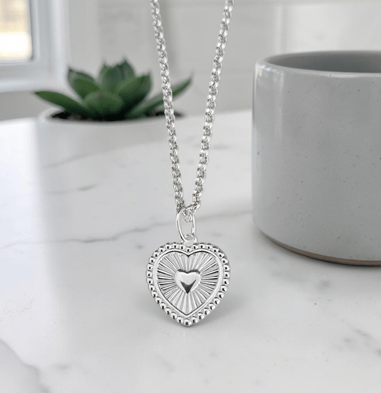 Sterling Silver Heart Pendant Necklace Heart Rays Charm Necklace 925