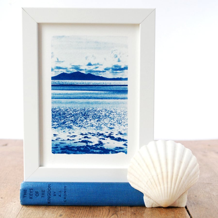 Original Cyanotype Newborough Beach View Anglesey Welsh Seascape Blue & White