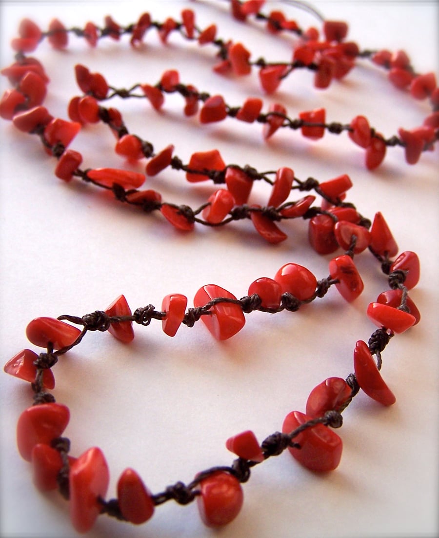 Sea Bamboo Coral Long Red Necklace