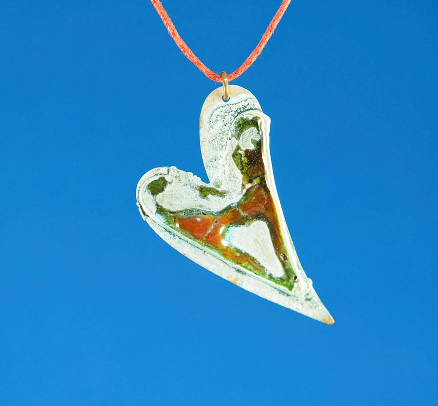 Red Heart Copper, Silver and Enamel Pendant